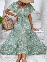 Casual Summer Small Floral V neck Micro-Elasticity Short Sleeve A-Line Regular No Dresses for Women