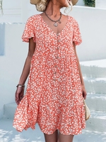 Casual Summer Small Floral V neck Natural No Elasticity Regular Fit Short No Dresses for Women