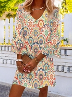 Casual V Neck Ethnic Short Tunic Dress