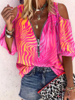 Casual V Neck Leopard Polyester Fibre Tops