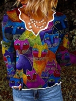 Casual V Neck Long Sleeve Animal Sweater - Noracora