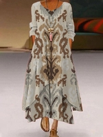 Casual V Neck Long Sleeve Tribal Floral Dresses - Noracora