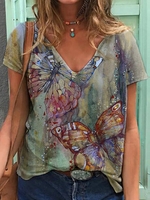 Casual V Neck Printed Short Sleeve T-Shirts - Noracora