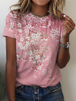 Casual white floral Summer Micro-Elasticity Daily Loose Short sleeve Crew Neck H-Line T-shirts for Women