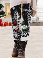 Casual Winter Christmas Snowman Polyester High Elasticity Daily Christmas Long H-Line Leggings for Women