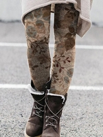 Casual Winter Leaf High Elasticity Daily Tight Jersey Legging Regular Leggings for Women