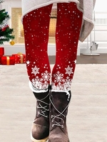 Casual Winter Snowflake Micro-Elasticity Holiday Mid Waist Christmas H-Line Regular Leggings for Women