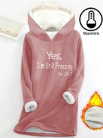 Casual Winter Text Letters Hoodie Natural Micro-Elasticity Loose Fleece H-Line Hoodies for Women