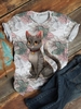 Cat Pattern Floral-Print Casual Round Neck Cotton-Blend T-Shirts - Noracora