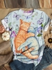Cat Pattern Round Neck Short Sleeve Casual Floral-Print T-Shirts - Noracora