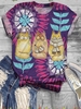 Cat Pattern Short Sleeve Round Neck Floral-Print T-Shirts - Noracora