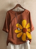 Coffee Casual Floral Cotton-Blend T-Shirts - Noracora