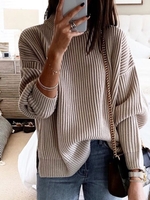 Coffee Solid Knitted Long Sleeve Sweaters - Noracora