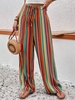 Color Block Boho Spring/Fall Polyester Natural No Elasticity Vacation Long Regular Pants for Women
