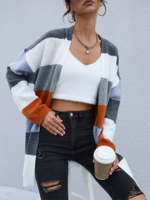 Color Block Casual Spring/Fall Micro-Elasticity Daily Loose Long Sleeve Mid-long Regular Cardigans for Women