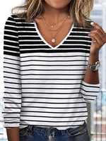 Color Block Casual Spring/Fall V neck Jersey Long sleeve H-Line DL AA T-shirts for Women