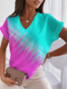 Color Block Loose V Neck Polyester Fibre Tops