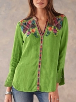 Cotton-Blend Long Sleeve Plain V Neck Blouses&shirts