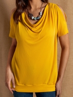 Cowl Neck Cotton Plain Short Sleeve T-Shirts - Noracora