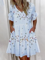 Crew Neck A-Line Butterfly Short Sleeve Shorts - Noracora