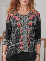 Crew Neck Cotton-Blend 3/4 Sleeve Casual Tops