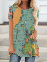 Crew Neck Cotton-Blend Casual Map T-Shirts
