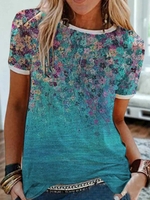 Crew Neck Cotton-Blend Floral Casual T-Shirts - Noracora