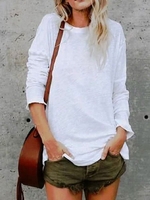 Crew Neck Long Sleeve Casual Cotton Tops - Noracora