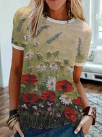 Crew Neck Long Sleeve Floral-Print T-Shirts - Noracora