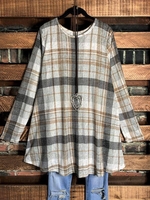 Crew Neck Plaid Long Sleeve Casual Tops - Noracora