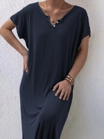 Dark Blue V Neck Short Sleeve Solid Cotton-Blend Bbb