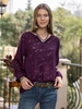Deep Purple Chiffon Floral Notch Neckline Sweet Tops - Noracora