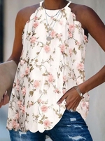 Floral Sleeveless Printed Polyester HalterOff Shoulder Cold Shoulder Sexy Summer Beige Tunic Top