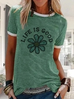 Floral Crew Neck Cotton-Blend Casual T-Shirts - Noracora