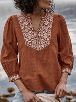 Floral Ethnic Spring/Fall V neck No Elasticity Loose Best Sell Three Quarter Sleeve Mid-long Shirts for Women