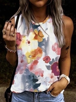 Floral Jersey Casual Crew Neck Tanks & Camis