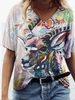 Floral-Print Short Sleeve Statement V Neck T-Shirts - Noracora