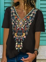 Floral-Print V Neck Casual T-Shirts - Noracora