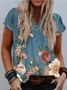 Floral-Print V Neck Short Sleeve T-Shirts - Noracora