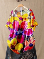 Flower Cotton-Blend Floral Casual T-Shirts - Noracora