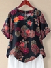 Flower Cotton-Blend Round Neck Floral-Print Short Sleeve T-Shirts - Noracora