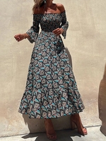 Geometric Boho Spring/Fall High Waist No Elasticity Maxi Boat Neck T-Line No Dresses for Women