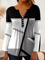 Geometric Casual Spring Buttoned Jersey Long sleeve Notched Regular H-Line Tops for Women