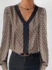 Geometric Casual Spring/Fall Polyester V neck Daily Loose Long Sleeve Regular Shirts for Women