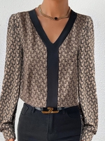 Geometric Casual Spring/Fall Polyester V neck Daily Loose Long Sleeve Regular Shirts for Women