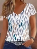 Geometric Casual Summer V neck Micro-Elasticity Loose Standard H-Line Regular Shirts for Women