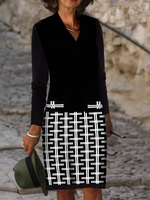 Geometric Casual Winter V neck Natural Daily Loose Midi Long sleeve Dresses for Women