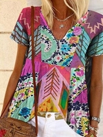 Geometric Cotton Casual A-Line T-Shirts - Noracora