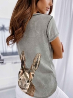 Gray Animal Short Sleeve Cotton V Neck T-Shirts - Noracora