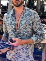 Gray Beach Coconut Tree Shirt Collar Men-Shirts - Noracora